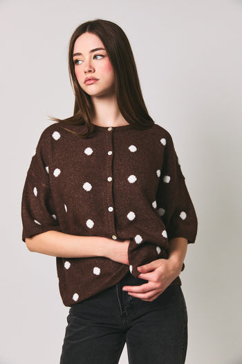 Le Lis Polka Dot Lightweight Sweater Cardigan in Brown-White Dot