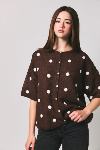 Le Lis Polka Dot Lightweight Sweater Cardigan in Brown-White Dot