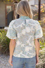 Load image into Gallery viewer, VOY Smocked Mock Neck With Floral Lace Detailed Top in Dusty Blue
