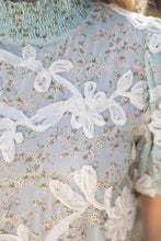 Load image into Gallery viewer, VOY Smocked Mock Neck With Floral Lace Detailed Top in Dusty Blue
