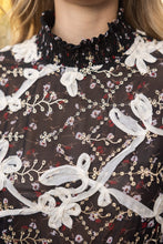 Load image into Gallery viewer, VOY Smocked Mock Neck With Floral Lace Detailed Top in Black
