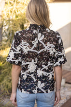 Load image into Gallery viewer, VOY Smocked Mock Neck With Floral Lace Detailed Top in Black
