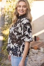 Load image into Gallery viewer, VOY Smocked Mock Neck With Floral Lace Detailed Top in Black
