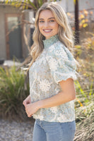 VOY Smocked Mock Neck With Floral Lace Detailed Top in Dusty Blue