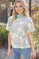 VOY Smocked Mock Neck With Floral Lace Detailed Top in Dusty Blue
