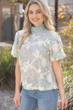 Load image into Gallery viewer, VOY Smocked Mock Neck With Floral Lace Detailed Top in Dusty Blue
