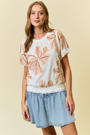 Doe & Rae Floral Embroidery Puff Sleeve Top in Ivory
