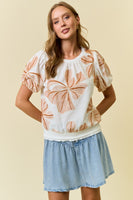 Doe & Rae Floral Embroidery Puff Sleeve Top in Ivory