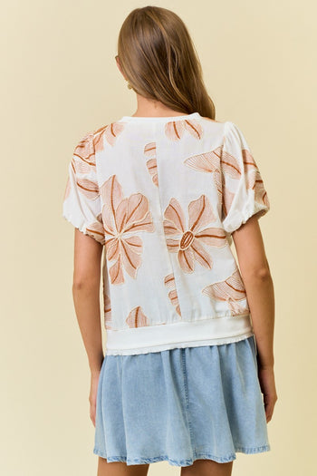 Doe & Rae Floral Embroidery Puff Sleeve Top in Ivory