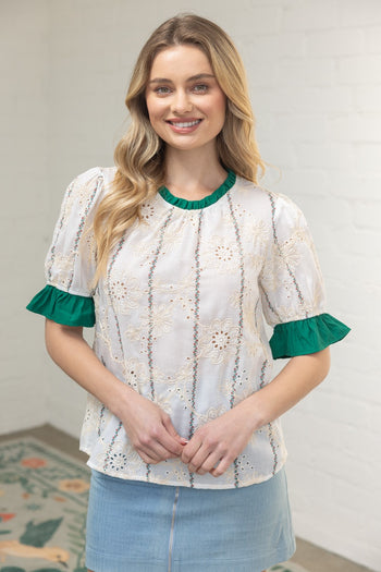 VOY Ruffled Detail Floral Eyelet Embroidered Top in Ivory