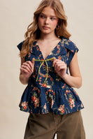 Listicle Floral Peplum Tie-Front Top in Navy