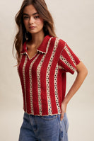 Listicle Crochet Stripe Knit Top in Red