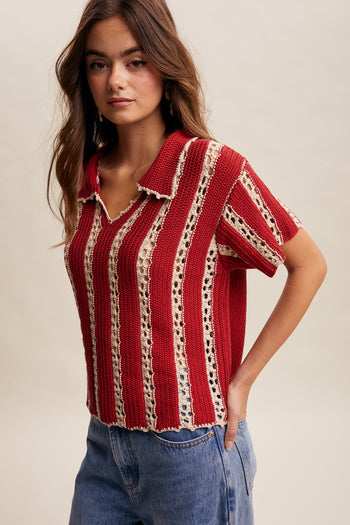 Listicle Crochet Stripe Knit Top in Red