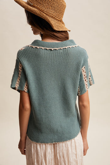 Listicle Crochet Stripe Knit Top in Jade