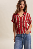 Listicle Crochet Stripe Knit Top in Red