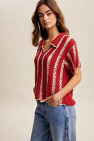 Listicle Crochet Stripe Knit Top in Red