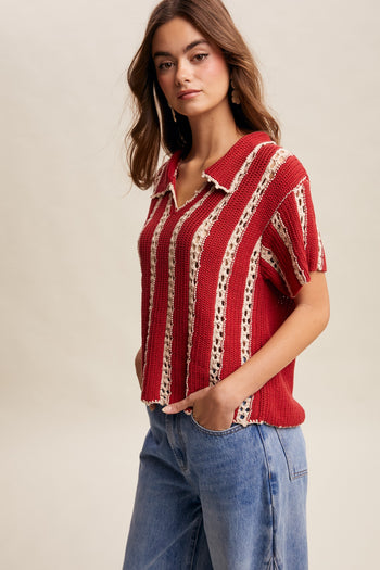 Listicle Crochet Stripe Knit Top in Red