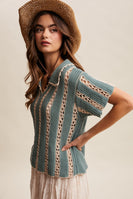 Listicle Crochet Stripe Knit Top in Jade