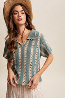Listicle Crochet Stripe Knit Top in Jade