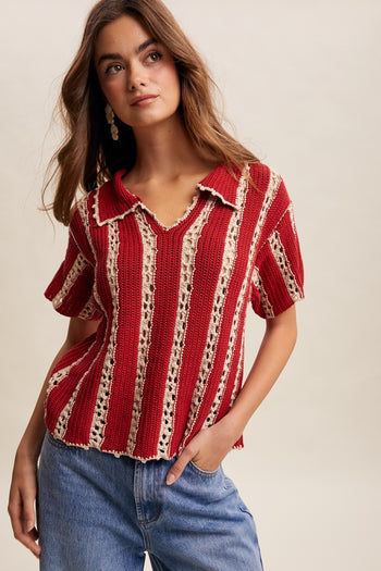 Listicle Crochet Stripe Knit Top in Red