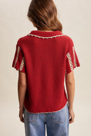 Listicle Crochet Stripe Knit Top in Red