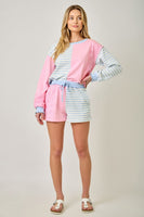 Mystree French Terry Color Block Pullover in Sky/Pink (TOP ONLY)