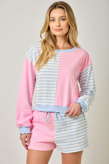Mystree French Terry Color Block Pullover in Sky/Pink (TOP ONLY)
