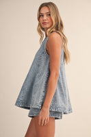 Klesis Denim Longline Sleeveless Top And Shorts Set in Light Denim