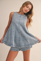 Klesis Denim Longline Sleeveless Top And Shorts Set in Light Denim