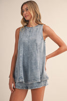 Klesis Denim Longline Sleeveless Top And Shorts Set in Light Denim