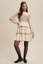Load image into Gallery viewer, Listicle Lace Tired Mini Dress with Contrasting Stitching in Cream
