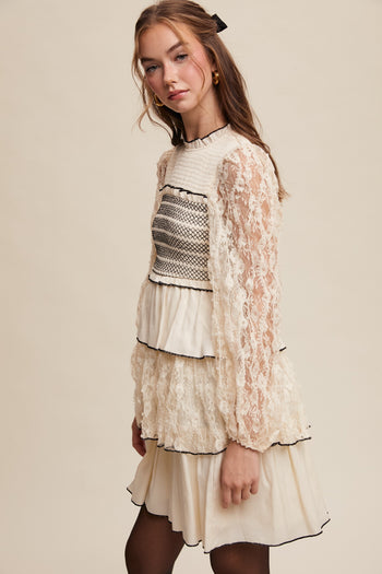 Listicle Lace Tired Mini Dress with Contrasting Stitching in Cream