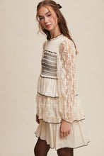 Load image into Gallery viewer, Listicle Lace Tired Mini Dress with Contrasting Stitching in Cream
