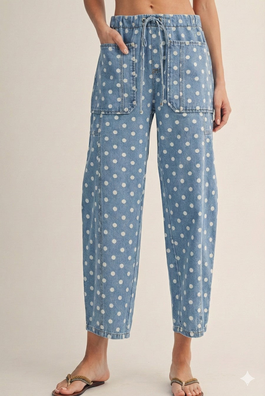 LovLov Vintage Washed Breeze Polka Dot Denim Pants in Light Denim