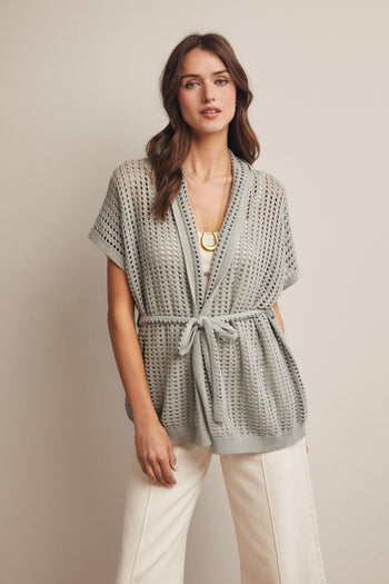 Forte Open Knit Belted Cardigan in Seafoam