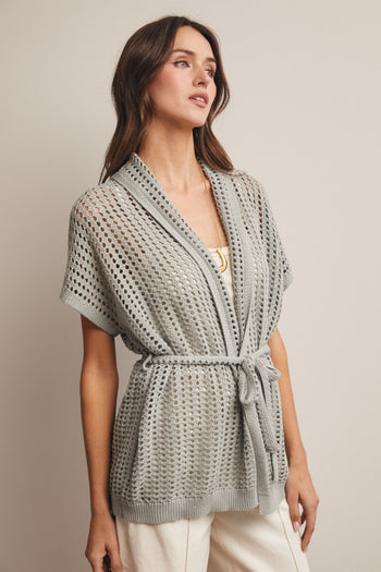 Forte Open Knit Belted Cardigan in Seafoam