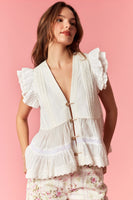 Peach Love will Denim Pintuck Pleated Detailed Eyelet Embroidery Fabric Top in Off White