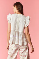 Peach Love will Denim Pintuck Pleated Detailed Eyelet Embroidery Fabric Top in Off White