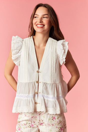 Peach Love will Denim Pintuck Pleated Detailed Eyelet Embroidery Fabric Top in Off White