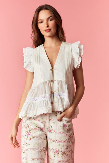 Peach Love will Denim Pintuck Pleated Detailed Eyelet Embroidery Fabric Top in Off White