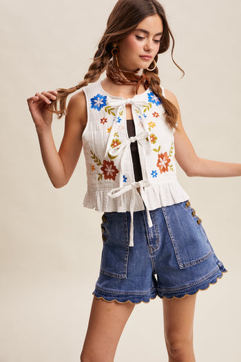 Listicle Embroidered Tie-front Quilted Vest in Ivory