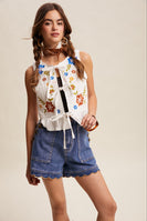 Listicle Embroidered Tie-front Quilted Vest in Ivory