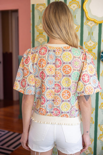 VOY Floral Embroidered Print Bubble Sleeve Top in Multi