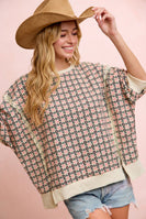 BiBi OVERSIZED Lightweight Knit Retro Floral Print Top in Cream/Navy Flower