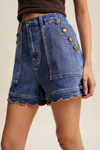 Load image into Gallery viewer, Listicle Scallop Button Side Stretch Denim Shorts in Drift Blue
