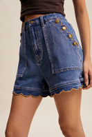 Listicle Scallop Button Side Stretch Denim Shorts in Drift Blue