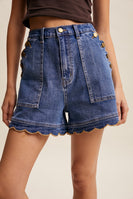 Listicle Scallop Button Side Stretch Denim Shorts in Drift Blue