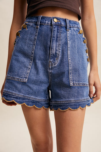 Listicle Scallop Button Side Stretch Denim Shorts in Drift Blue