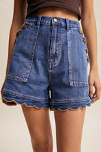 Load image into Gallery viewer, Listicle Scallop Button Side Stretch Denim Shorts in Drift Blue

