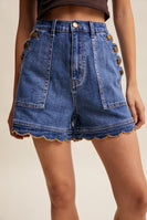 Listicle Scallop Button Side Stretch Denim Shorts in Drift Blue